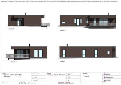 Fasadetegning som viser fire utsnitt av bygningens ytre fasader (Fasade 1-4) med detaljer om vinduer, dører, tak og balkonger.