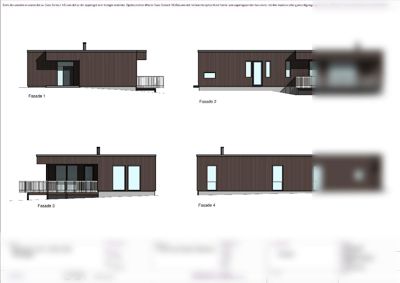Fasadetegning som viser fire utsnitt av bygningens ytre fasader (Fasade 1-4) med detaljer om vinduer, dører, tak og balkonger.