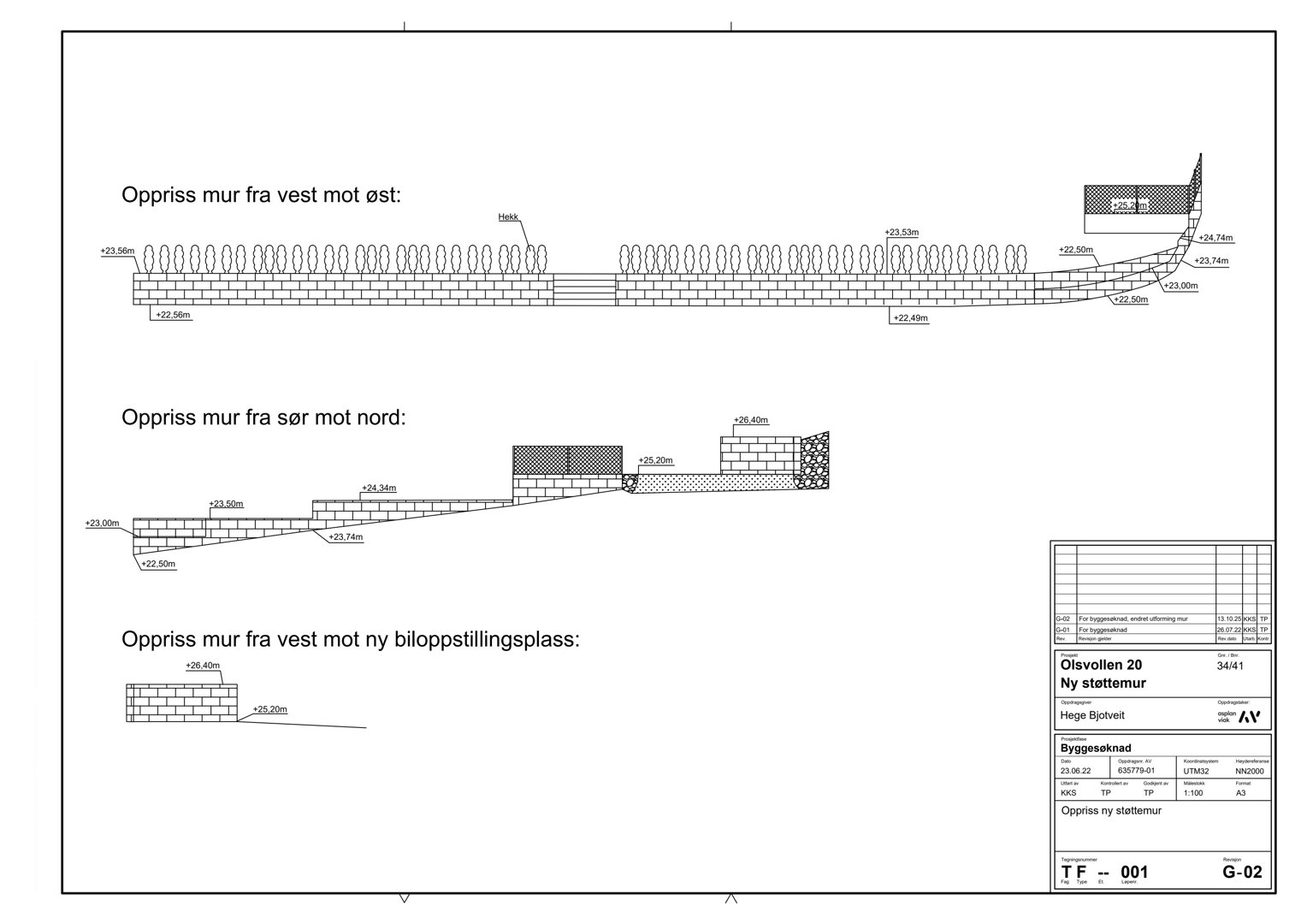 Tegning som viser oppriss (tverrsnitt) av en ny støttemur sett fra ulike vinkler (vest mot øst, sør mot nord, vest mot ny biloppstillingsplass).