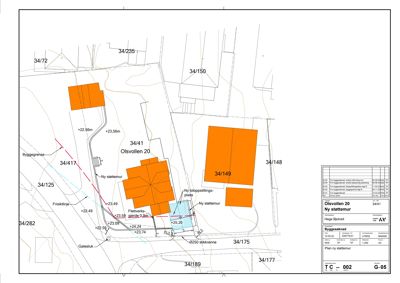 Situasjonsplan som viser eiendomsnummer, byggegrenser, frikotlinjer, støttemurer og høydemål for området rundt Olsvollen 20.