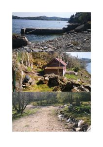 En collage av tre foton som viser en eksisterende bygning (en liten hytte) ved en kyst, inkludert en brygge, omgivende natur og en vei.
