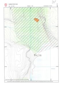 Situasjonsplan som viser tomtens terrengforhold (konturlinjer), bygningens plassering (oransje firkant) og nabolag.