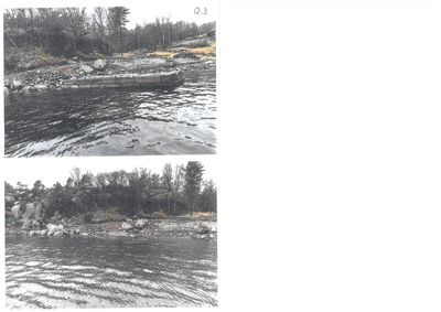 To svart-hvitt fotografier av et kystlandskap med vann, stein og skog.