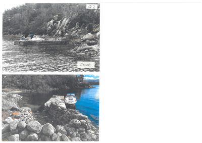 To bilder av en brygge med en båt ved en kystlinje.