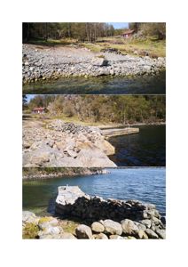 Fotografier av et kystlandskap med en liten rød hytte, en steinmur langs vannkanten og et bryggeverk.