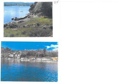 To fotografier av et kystlandskap med vann, klipper og skog.