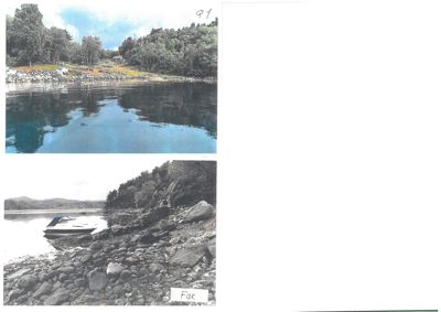 To fotografier av et kystlandskap med vann, steinete kystlinje og skog.