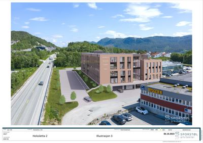 3D-visualisering av et nytt bygg (Holssletta 2) sett fra lufta, inkludert omgivelser, vei og nabolag.