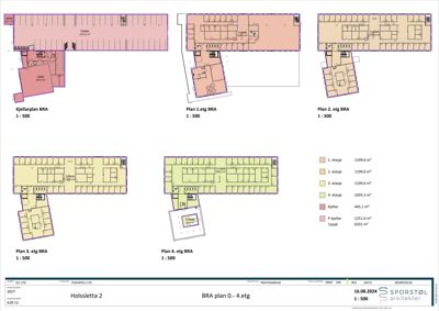 Etasjeplaner (BRA) for et fleretasjes bygning, inkludert kjeller og etasjer 1-4, med romfordeling og arealoppdelinger.