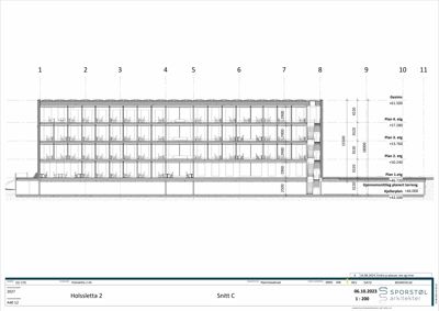 Snittegning (Snitt C) som viser bygningens høyde, etasjer og konstruksjon.