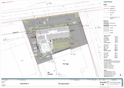 Situasjonsplan som viser tomtens grenser, bygningers plassering, veier, parkeringsplasser og detaljer om arealbruk.