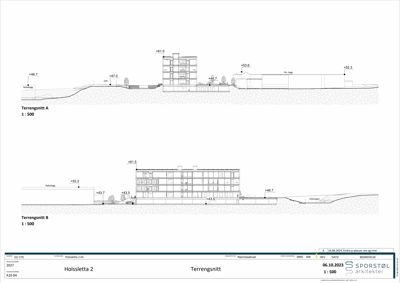 Tegning som viser tverrsnitt gjennom bygningen (terrengsnitt) med høydemål og terrengforhold.