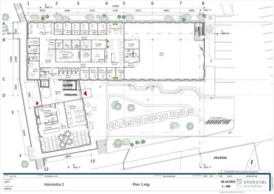 Etasjeplan (1. etasje) med romfordeling, dimensjoner og inngangsplassering.
