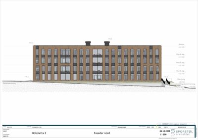 Fasadetegning av bygningen sett fra nord, med oppgitt høyder og etasjer.