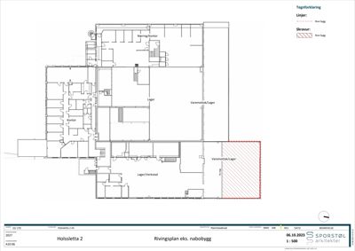 Etasjeplan (rivingsplan) som viser romfordeling og funksjon (kontor, lager, verksted) for Holmsletta 2.
