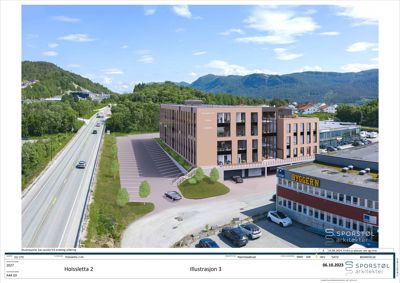 3D-visualisering (rendering) av et planlagt byggprosjekt sett fra en høyde, med omgivelsene inkludert.