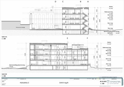 Tegning som viser tverrsnitt gjennom bygningen (Snitt A-A og Snitt B-B) med høydeangivelser og romfordeling.