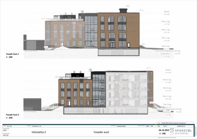 Tegning som viser fasadeoppsettet for bygningen sett fra øst (aust).