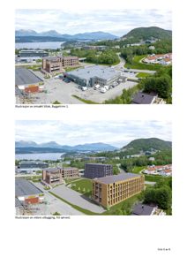 3D-visualiseringer (renderinger) av et byggprosjekt. Bildene viser en eksisterende bygning og en planlagt videreutbygging sett fra luften.