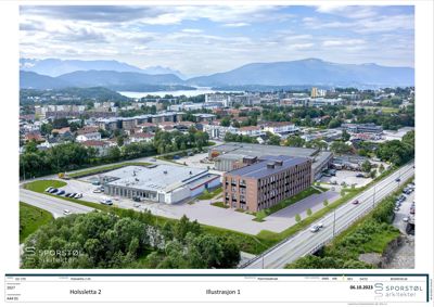 3D-visualisering (rendering) av et nytt bygg i Holssletta 2 sett fra luften, med omgivende by og natur.