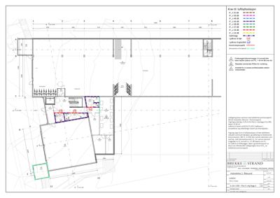 Etasjeplan (1. etasje) for en bygning i Ålesund. Tegningen viser romfordeling, vegger, dører, vinduer, og tekniske krav til lydisolasjon (Rw-verdier) for ulike rom.