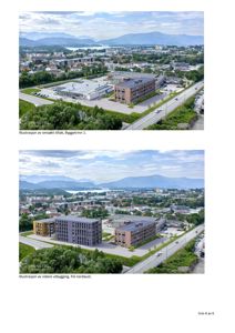 To 3D-visualiseringer (renderinger) som viser et planlagt byggprosjekt i et landskap. Bildene illustrerer byggetrinn 1 og videre utbygging.