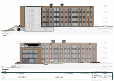 Fasadetegning som viser bygningens utseende sett fra sør, med oppgitt høyder og etasjer.