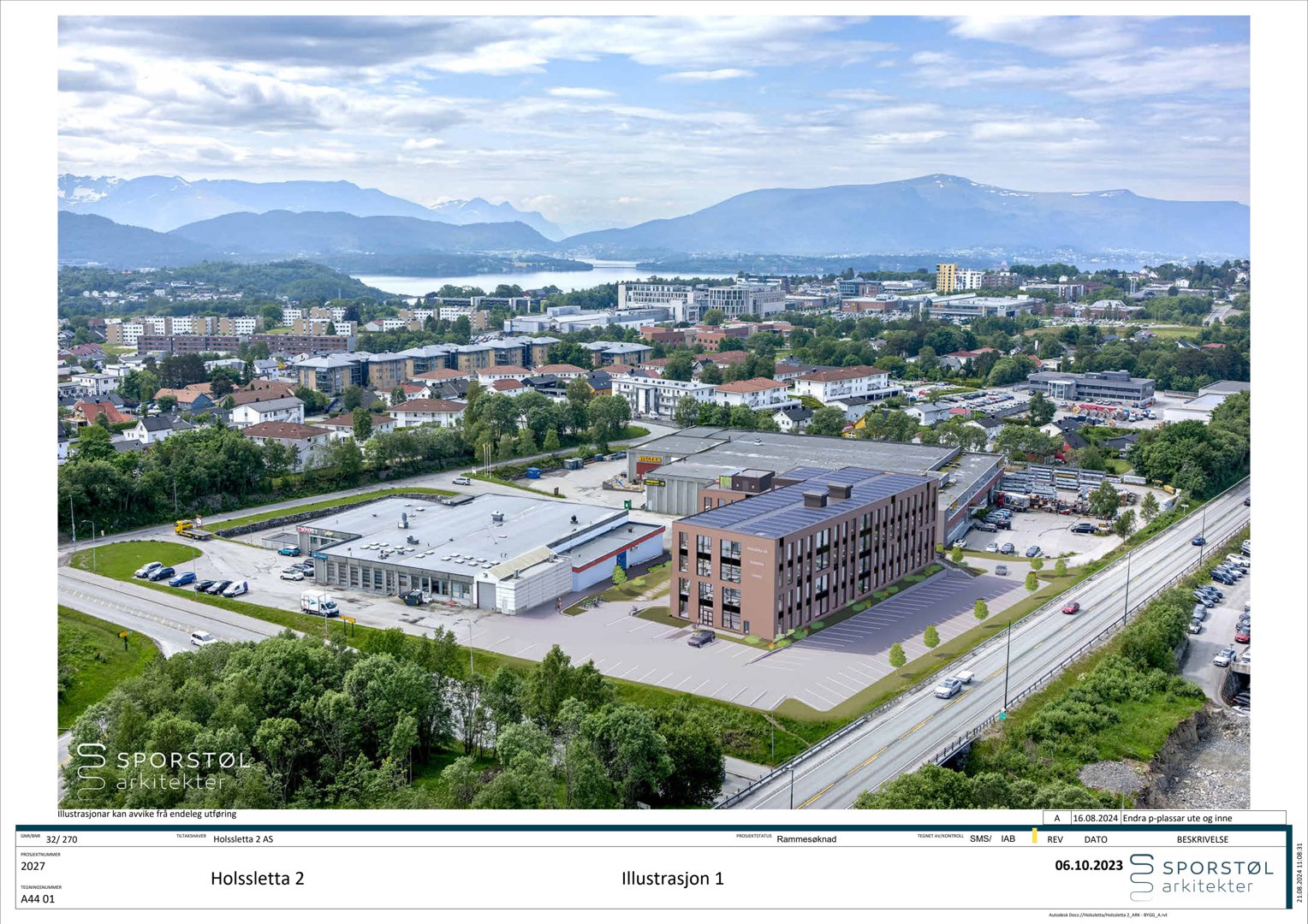 3D-visualisering (rendering) av et nytt bygg og omgivelsene, sett fra lufta.