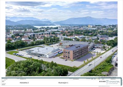 3D-visualisering (rendering) av et nytt bygg og omgivelsene, sett fra lufta.