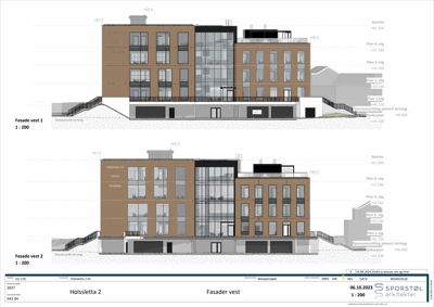 Fasadetegning (opprikk) av bygningen sett fra vest, med høydemål og etasjeskille.