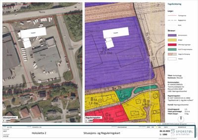 Bildet viser en kombinert situasjons- og reguleringsplan for et tomt. Den venstre delen er en situasjonsplan (flyfoto med overlagte grenser), mens den høyre delen er en reguleringsplan med fargekoding for ulike arealbruksklasser.