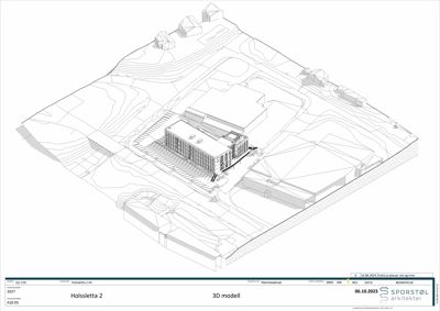 3D-modell (rendering) av bygningen sett fra en vinkel, med omgivelsene og terrengformet (konturlinjer) inkludert.
