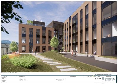 3D-visualisering (rendering) av fasaden på Holssletta 2 med omgivende landskap og møblering.