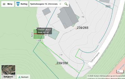 Kartvisning (situasjonsplan) av eiendom med arealdata og nabolag.