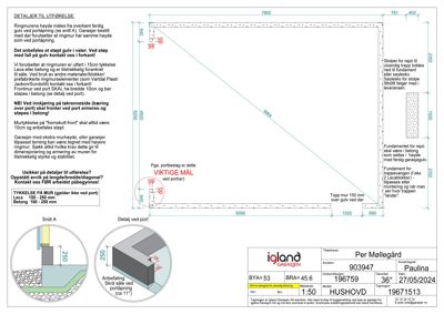 Detaljtegning for utføring av ringmur og port, inkludert mål, tykkelse på mur, fundament og anbefalinger.