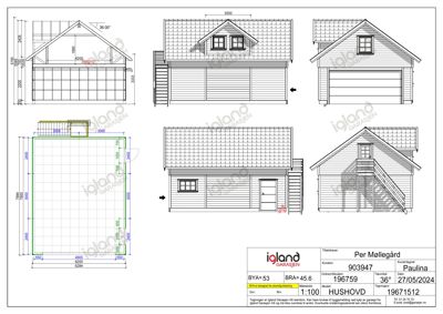 Fasadetegning som viser bygningens utsyn fra flere vinkler (front, side, og bakside) med mål og detaljer.