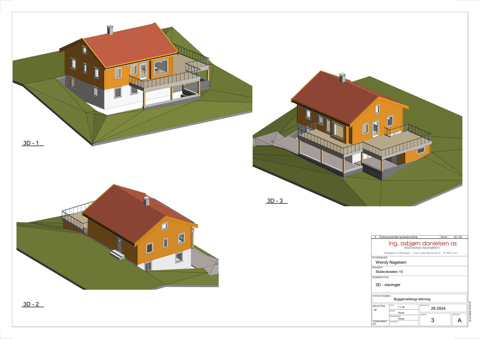 Tre 3D-visualiseringer (renderinger) av en husmodell sett fra ulike vinkler, med omgivende terreng.