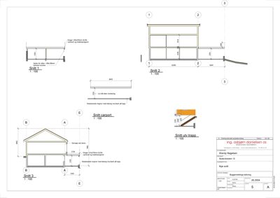 En tegning som viser flere snitt (Snitt 1, 2, 3, carport og ut trapp) gjennom en bygning, med mål og konstruksjonsdetaljer.