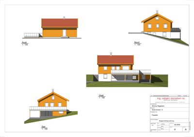 Fasadetegning som viser bygningens utsyn fra fire sider (Aust, Nord, Vest, Sør) med målstørrelse 1:100.