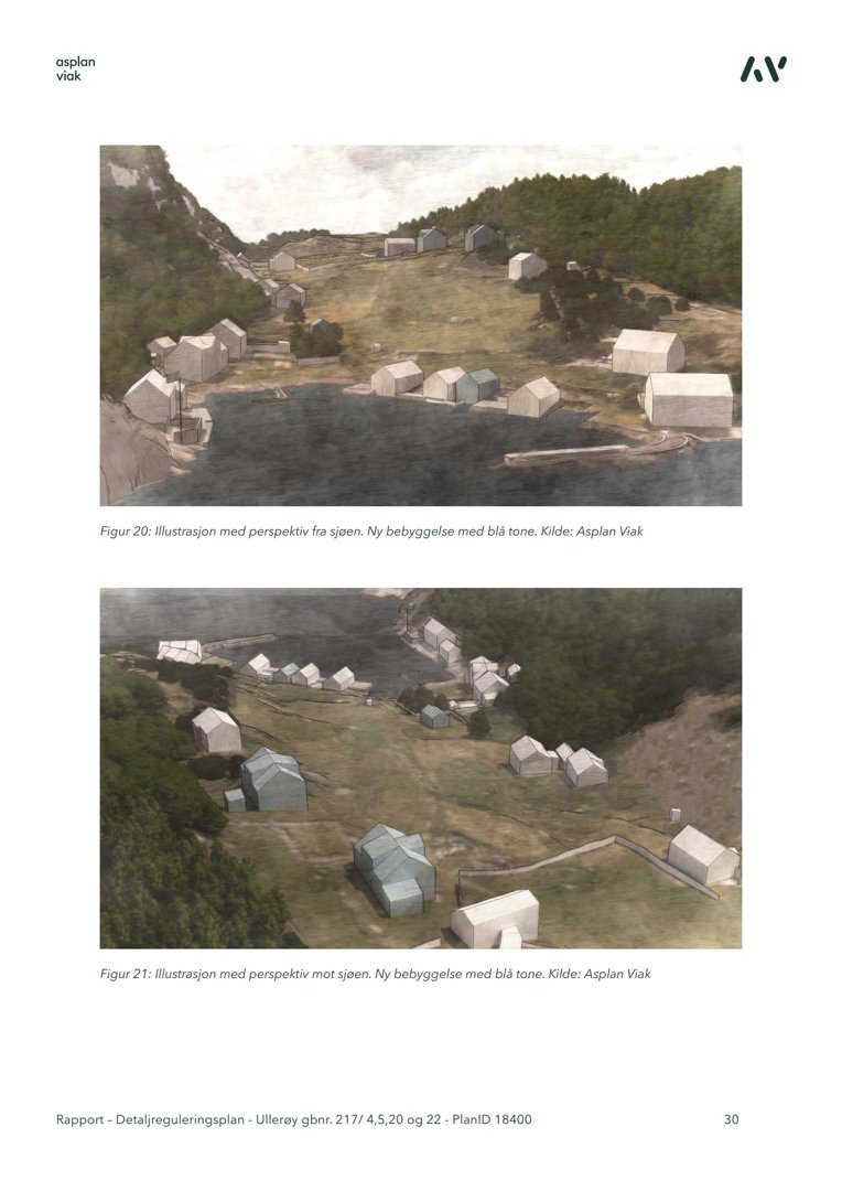 To perspektiviske illustrasjoner (renderinger) som viser en ny bebyggelse langs sjøen.