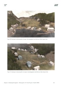 To perspektiviske illustrasjoner (renderinger) som viser en ny bebyggelse langs sjøen.