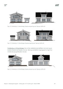 Fasadetegninger som viser utsiden av tre fritidsboliger (Anita og Frank Bulæg) sett fra ulike vinkler (vest, nord, øst, sør).