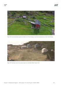 Bildet viser en fotokollasje med to bilder. Det øverste er et fotografi av et kulturlandskap med hytter, mens det nedre er en illustrasjon (rendering) av samme område. Begge bildene viser plassering av bygninger i forhold til terrenget.