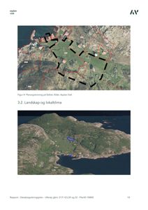 Bildet viser en flyfoto (topografisk kart) med overlagte røde og blå linjer som markerer planavgrensninger. Det er også en 3D-rendering av terrenget under.