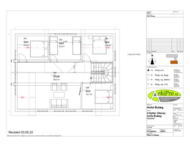Etasjeplan (Plan 2. Etasje) som viser romfordeling, arealer og veggposisjon for 2. etasje i Anita Bulæget.