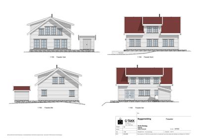 Fasadetegning som viser bygningens utseende fra fire ulike vinkler (Vest, Nord, Øst, Sør) med mål 1:100.
