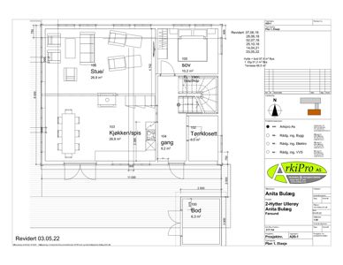 Etasjeplan (Plan 1. Etasje) som viser romfordeling, mål og funksjon for en hytte.