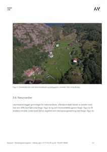 Et dronebilde som viser kulturlandskapet og bebyggelse i området.