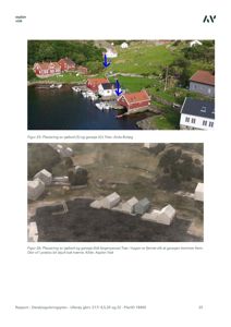 Bildet viser en fotomontasje eller en illustrasjon som viser plassering av sjøbod og garasje i forhold til eksisterende hus og natur. Det er merket som 'Figur 25' og 'Figur 26' og viser både eksisterende bilder og en 3D-modell.