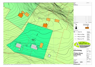 Situasjonsplan som viser tomtens topografi, nabolag og bygningsplassering.